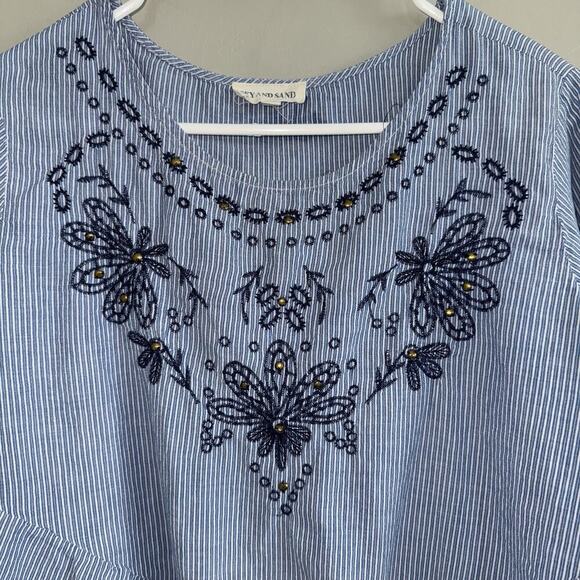 Sky and Sand Womens Tie Front Tunic Blouse Size M 3/4 Sleeve Embroidered Blue - Picture 6 of 7
